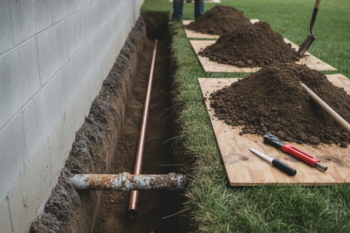 Excavated water line trench during Water Softener Installation in Haskell